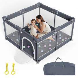 Grobeybees Playpen for Babies and Toddlers, Large Baby Playpen, Playard with Bag, Indoor & Outdoor Play Pen, Sturdy Safety Baby Play Yard with Soft Breathable Mesh (Grey)