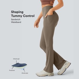 Halara UltraSculpt™ SoCinched High Waisted Tummy Control Pocket Shaping Yoga Bootcut Leggings:_Dawn Brown_petite_S(4 - 6)