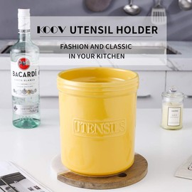 KOOV Cooking Utensil Holder, Large Ceramic Utensil Crock, Deep and Stable, Utensil Caddy for Countertop Letter Series (Yellow)