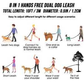 Lukovee Hands Free Dog Leash, 10FT Adjustable Dog Training Leash 1/2 Inch Nylon Heavy Duty Lead No Pull for Large Medium Dogs, Tangle Free Reflective Waist Leash for Dog Walking Running, Black&Gray