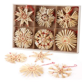 Homewit Straw Star Christmas Tree, Festive Straw Stars Set, Natural Straw Pendant for Christmas Tree Decoration, Christmas Decoration with a Beautiful Wooden Box