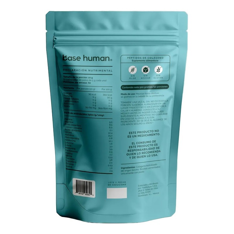 Base Human Colágeno Hidrolizado Sin Sabor En Polvo 500 G