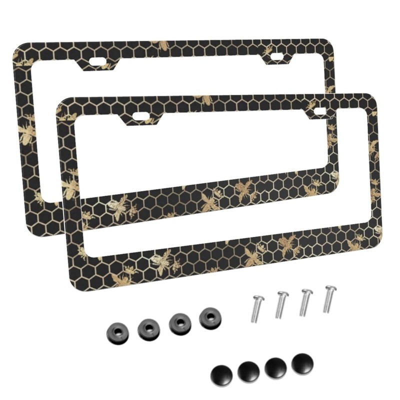 Foruidea Gold Queen Bees and Honeycomb Matte Aluminum License Plate