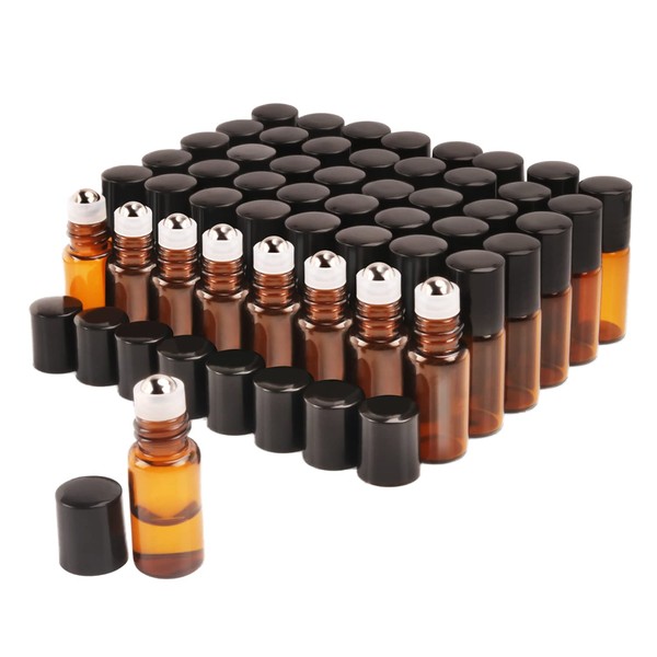 Wresty Amber Glass Essential Oil Roller Bottles 3ml Mini 50 Pcs Roll-on Glass Bottles Vials with Metal Rollerball and Black Caps,1 Opener,2 Dropper