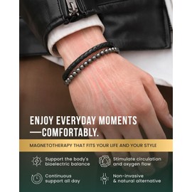 MagnetRX® Hematite & Leather Magnetic Bracelet - MAX Strength Natural Stones - Beaded Magnetic Hematite Bracelets (Medium)