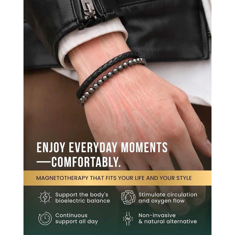MagnetRX® Hematite & Leather Magnetic Bracelet - MAX Strength Natural
