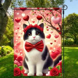 BlissYard Cute Cat Garden Flag Happy Valentines Day Garden Flag 12x18 Inch Double Sided Hearts Outdoor Decoration Anniversary Wedding Holiday Outdoor Supplies Shoot Background Decorations