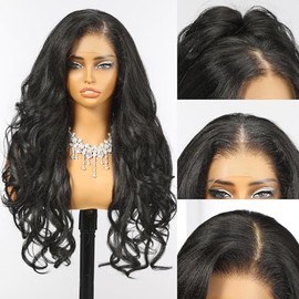 Allbell 13x6 Glueless HD Lace Wigs,Synthetic Lace Front Wig for Black Women,24Inch Natural Black Body Wave Hair Replacement