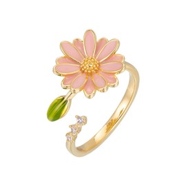 IMINI Pink Daisy Flower Ring for Women 14K Gold Plated Green Leaf Cubic Zirconia Wrap Finger Flower Open Statement Ring Promise Engagement Rings Fashion Jewelry Gifts