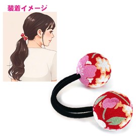 Flower Crepe Hair Clip, Red Hair Band, Japanese Pattern, Kimono, Crepe Fabric, Fabric, Ring Rubber, Pony Hair Accessory, Ball (1.0 inches (2.5 cm), Made in Japan, Souvenir, Red