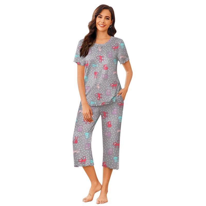 Ekouaer Women's Pajamas Set Short Sleeve Sleepwear 2 Piece Round