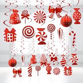 LMSHOWOWO Christmas Hanging Swirls Decorations, 30PCS Foil Candy Hanging Ceiling Swirls Streamers with Candy Cane Lollipop for Winter Christmas Tree Decor Christmas Ceiling Decorations Party Supplies