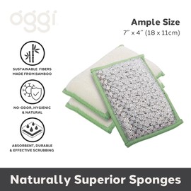 OGGI Bambou Odor-Free Scrubbing Sponges - Natural Scrub Sponges for Dishes, 91% Bamboo-Derived Rayon Cellulose Fiber, Reusable, Absorbent, Durable Scrubbers, Non-Scratch, Washable - 3 pcs, 7x4