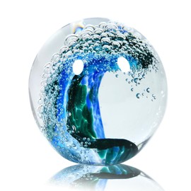 JUYOULE Hand Blown Glass Figurines Ball: Ocean Wave Design Glass Paper Weights, Beach Decorations for Home - Unique Ocean Themed Bathroom Decor and Gift for Ocean Lovers