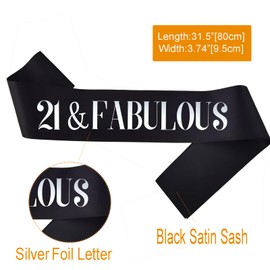 PANBINN - Faja de cumpleaños número 21, lámina plateada de satén negro '21 & Fabulous' para niña o niño, decoración de fiesta de cumpleaños número 21, regalos