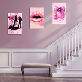 CGXLB High Fashion Canvas Wall Art Makeup Pictures Wall Decor Framed Pink Lips Art Perfume Bottle High Heels Painting 3 Pieces Watercolor Artwork for Living Room Beauty Room 12"x16"x3
