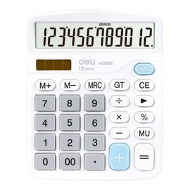 Calculator, Deli Standard Function Desktop Calculators with 12 Digit Large LCD Display and Sensitive Button, Solar Battery Dual Power Office Calculator, White