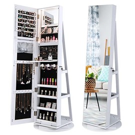 LOKO 360° Swivel Jewelry Cabinet, Lockable Jewelry Armoire w/ Full-Length Mirror & 3-Color LED Lights, Freestanding Jewelry Organizer w/ Rear Storage Shelves (White)