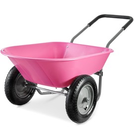 Best Choice Products Dual-Wheel Home Utility Yard Wheelbarrow Garden Cart w/Built-in Stand for Lawn, Gardening, Construction - Pink