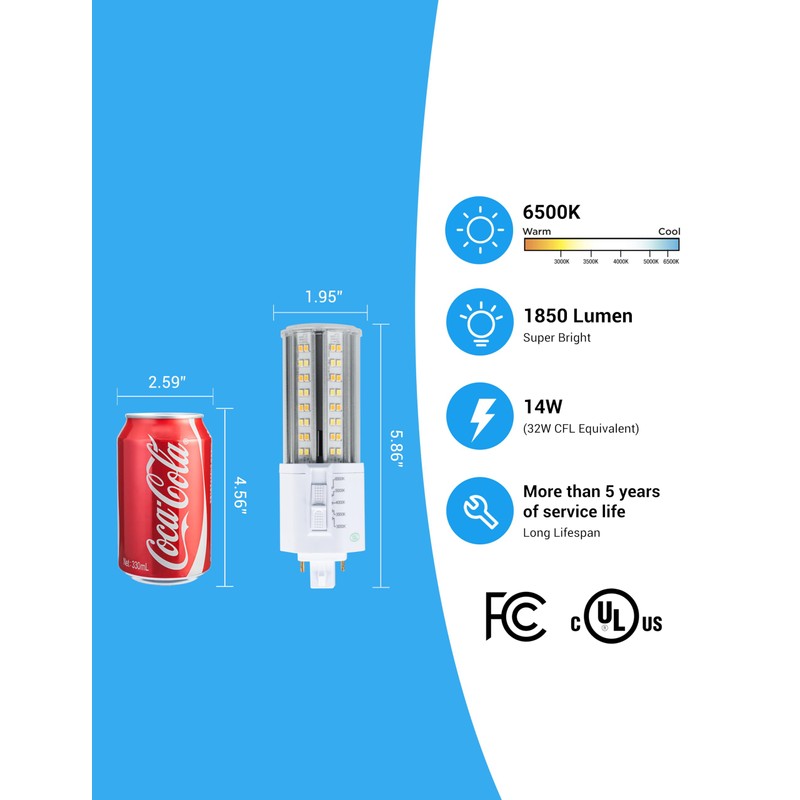 IDO LED G24q 4-Pin Light Bulb 14W 1850Lumens Dimmable (3000K/3500K/4000K/5000K/6500K)