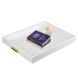 HofferRuffer Extra Large Serving Tray with Handles, Elegant Faux Leather Storage Decorative Tray for Coffee Table, Ottoman, Console Table (White Tray+Golden Handle)