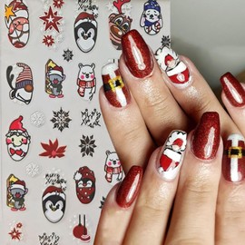 Christmas Nail Art Stickers with Multicolor Design Cute Christmas Hat Penguin Winter Nail Sticker 3D Self Adhesive Santa Claus Bring Joy Winter Holiday Nail Decor for Women 5 Sheets