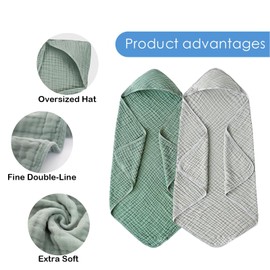 ROXANEPIG 2 Pack Hood Baby Towels, 100% Muslin Cotton Baby Bath Towel with Hood for Babies, Infant, Toddler and Kids, Large 32x32Inch, Soft and Absorbent Newborn Essential (Grey and Dark Green)