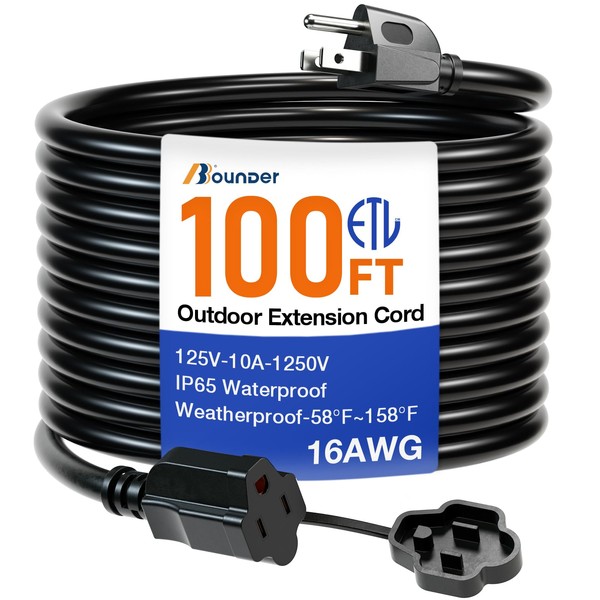 BBOUNDER 100 FT Outdoor Extension Cord Waterproof, Black 16/3 SJTW Heavy Duty 10A 1250W, Flexible 100% Copper 3 Prong Cords for Lawn, Garage, ETL Listed