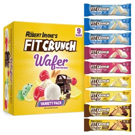 FITCRUNCH Wafer Protein Bars, 16g of Protein & 1-3g of Sugar (9 Bars, Variety Pack)