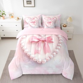 jejeloiu Girls Silk Bow 7 Piece Bedding Set Full Size Pink Pearl Comforter Set with Sheets for Kids Women Princess Style Bed in a Bag Pink Ombre Bed Set