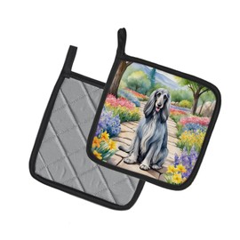 Caroline's Treasures Afghan Hound Spring Garden Pair of Pot Holders Kitchen Heat Resistant Pot Holders Sets Oven Hot Pads for Cooking Baking BBQ, 7 1/2 x 7 1/2