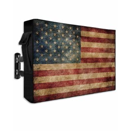 Hsqirky Retro American Flag Outdoor TV Cover for 52 to 55 Inch, Weatherproof & Waterproof Vintage Red Striped Outside Cover With Remote Pocket, Rustic US Flag Enclosure for LED, LCD TVs
