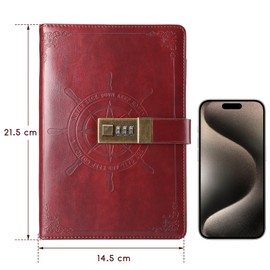 Kesote Diario con contraseña Cuaderno con Cerradura de combinación Diario secreto A5 con Bolígrafo Registro de Trabajo Diario Espiral Tapa Dura 212 Páginas (marrón rojizo)