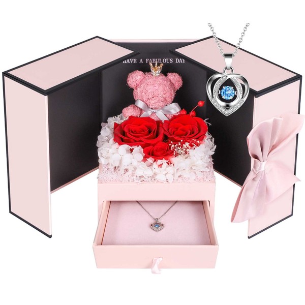 ADDWel Forever Rose Necklace Gift Box for Girlfriend, Cute Preserved Roses Gifts for Her with 925 Sterling Silver Necklace on Christmas, Mothers Day, Birthday and Valentine's Day From Son Husband