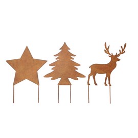 Garden Stake Star Tree Deer Set of 3 in Rust Look Metal Decoration Varnished