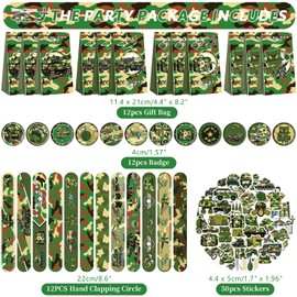 Camo Party Favors, 12 Goodie Bags, 12 Mini Notepads, 12 Rubber Bracelets, 50 Stickers, 12 Assemble Stickers, 12 Button Badges, 12 Slap Bracelets for Army Hunting Military Party Supplies, 122PCS