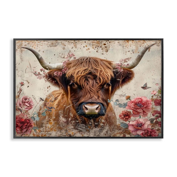 Stupell Industries Highland Cow in Spring Black Framed Giclee Wall