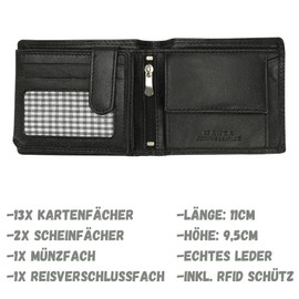 Manza Men's Leather Wallet with RFID Protection - Genuine Leather Wallet for Men - Extra Sturdy Double Stitching - 13 Slots for Credit Cards - Wallet in Landscape Format, black, Landscape