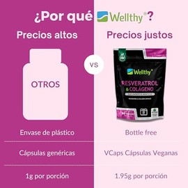 Wellthy Resveratrol y Colágeno Cápsulas.1350mg de Colageno Hidrolizado, 600mg de Resveratrol. Vcaps Cápsulas Veganas, Gluten Free, Sugar Free, Bottle 