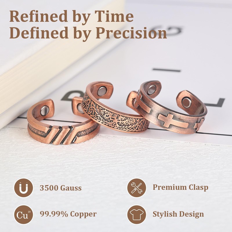 BioMag 3 Copper Rings for Men, 99.99% Solid Pure Copper,