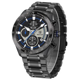 BY BENYAR Classic Watches for Men,Stainless Steel Military Wrist Watches with Calendar,Waterproof and Scratch Resistant, Luminous Analog Multifunction Chronograph Quartz Men Watches(Blue)