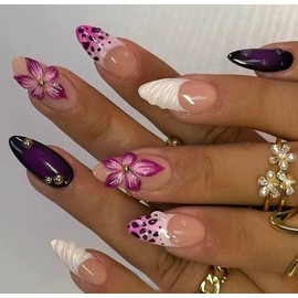 Luxury Press On Nails – Nude & Pink Floral with Leopard Print, 3D Flower, Gold Studs | Almond Shapes, Reusable Nail Art Set