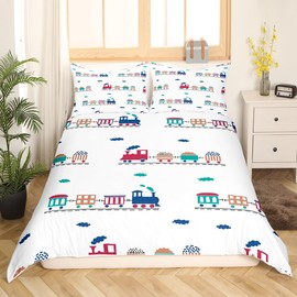 Cartoon Car Bedding Set Kids Train Duvet Cover Set Twin Size Boys Girls Colorful Clouds Decor Comforter Cover White Microfiber Train Construction Rail Roads Quilt Cover 2Pcs Teens Bedroom Decor