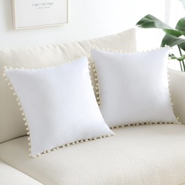 Sungeek Pack of 2 Decorative Cushion Covers Soft Velvet Pompoms Pillow Covers with Invisible Zipper Square Home Decor Throw Pillow Cases for Sofa Bedroom Living Room 45x45cm White