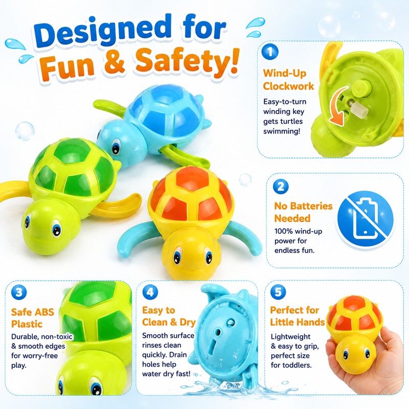 Wind-Up Turtle Bath Toy for Kids – Cute Clockwork Swimming