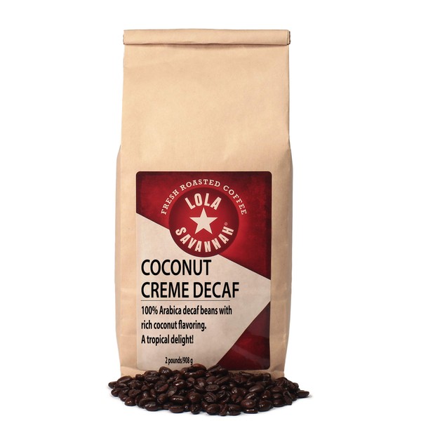 Lola Savannah Coconut Crème Whole Bean Coffee - Smooth Gourmet Arabica Coffee Beans Infused with Sweet Creamy Real Coconut Flakes, Decaf, 2lb Bag