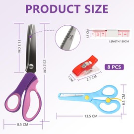 5mm Zickzacken Schere Set - Profi Näh Zick Zack Schere mit 8 Klemme, Edelstahl Stoffe Schneiderschere mit Weicher Maß, Handwerk Schere Set, Multifunktionale Gezahnte Stoffschere für Gewebe Papier