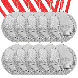 MECCANIXITY Tennis Medals 2.7 Inch, Silver Award Medals with Neck Ribbon for Team Sports Games Competitions Party Favors 10 Pieces