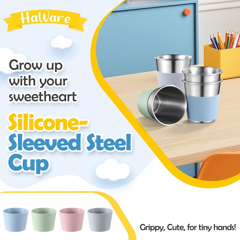 Stainless Steel Kids Cups with Silicone Sleeves, 8oz Metal Tumbler