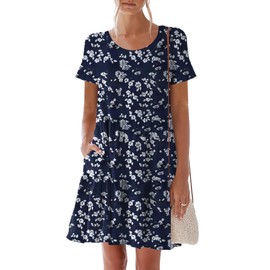 nclook Womens 2025 Summer Casual Dress Crew-Neck Short Sleeve Mini Dress with Pockets Blue Print